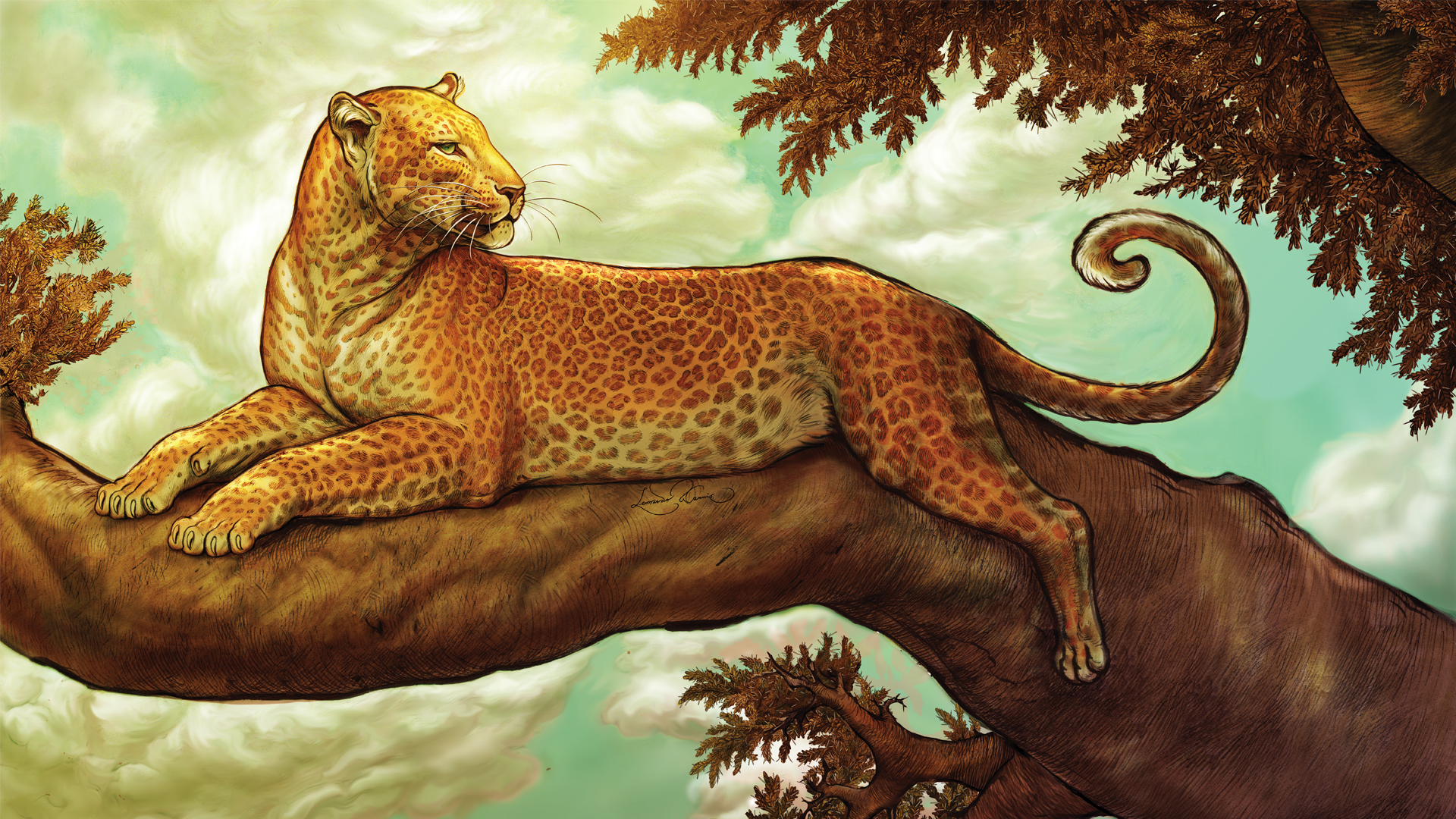 Painting of a Golden Panther resting on an acacia tree; leopard in a natural jungle setting; Leopard painting, Wildlife art, Animal artwork, Natural habitat leopard, Jungle leopard painting, Realistic animal art, Colored wildlife painting, Big cat artwork, Leopard in nature, Exotic animal painting, Nature-inspired art, Wild animal illustration, Detailed leopard art, wildlife painting. 
