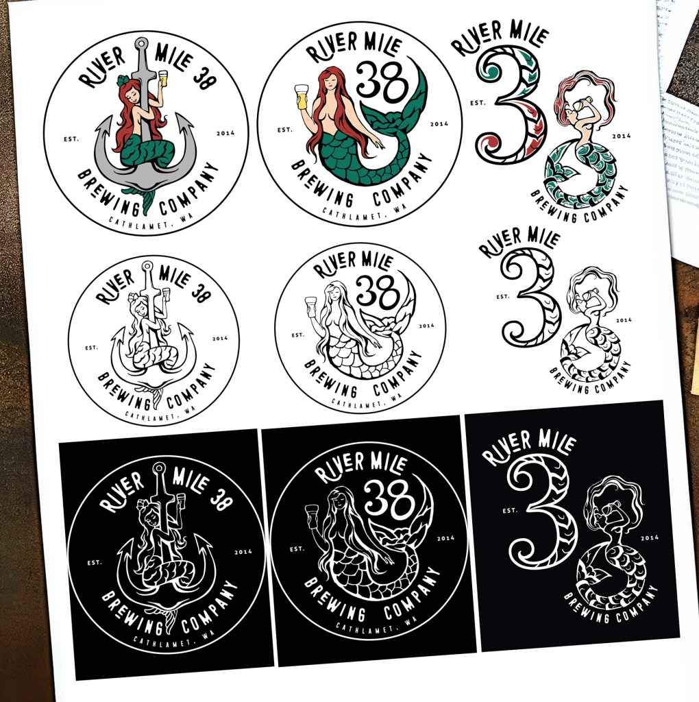 Mermaid logo designs in various shades. To account for all backgrounds, variations are created for light,dark, and mid-tones. 